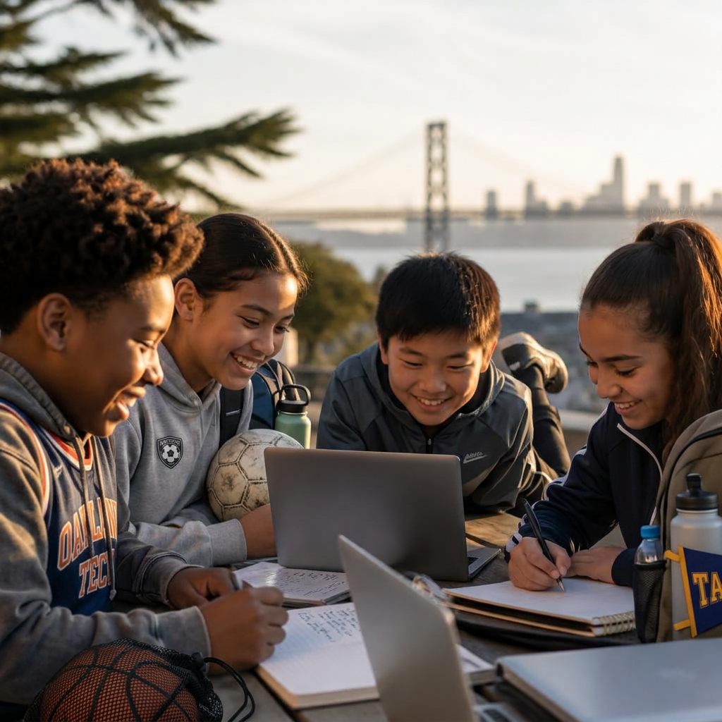 A group of multicultural middle-school student-athletes studying together outdoors in the Bay Area